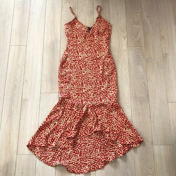 Pretty Little Thing Red Leopard Frill Hem Midi Dress Size 4 - Picture 1 of 12